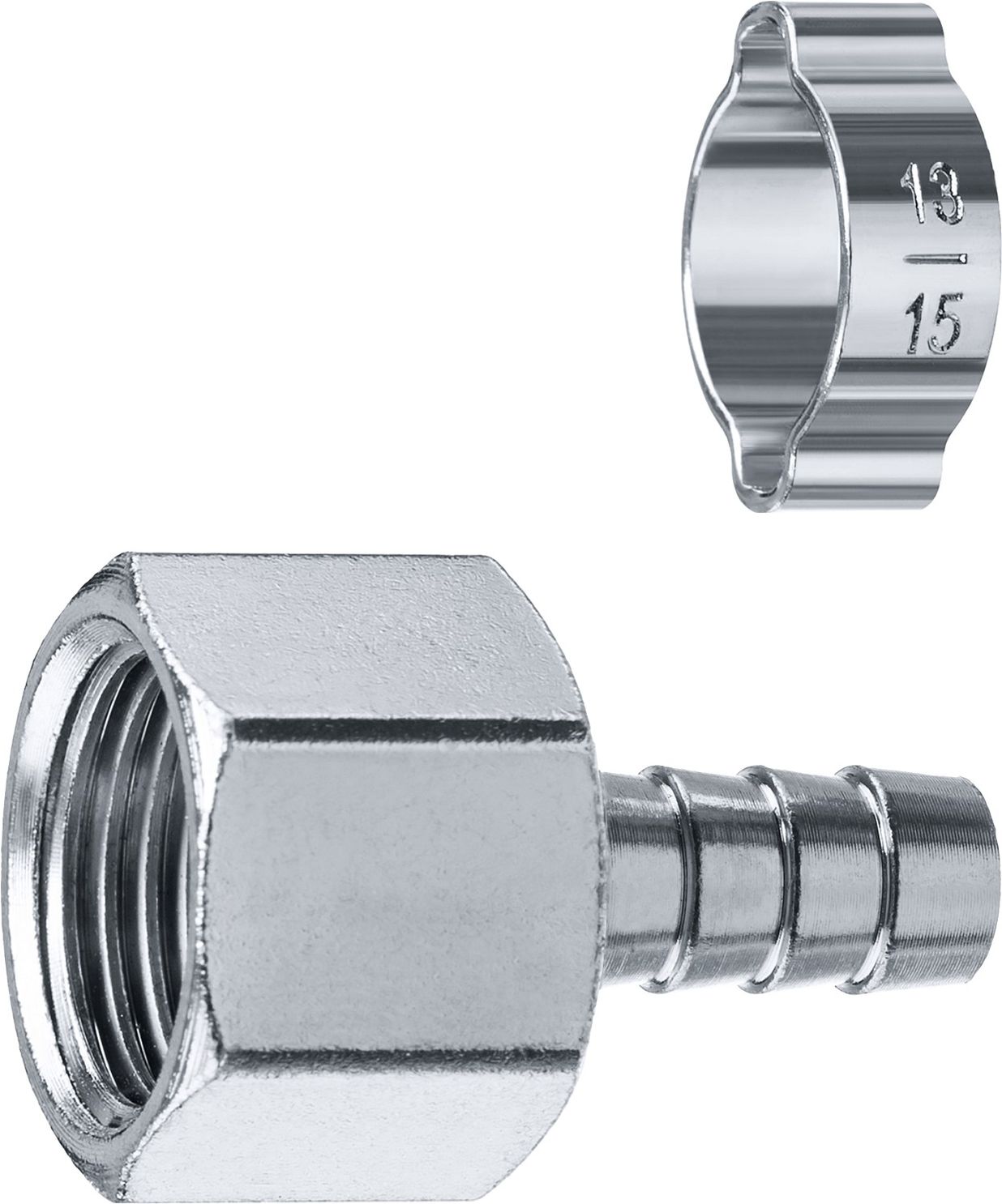 Переходник штуцер елочка 10 мм - 1/2F с обжимным хомутом Зубр 64923-1/2-10 фото