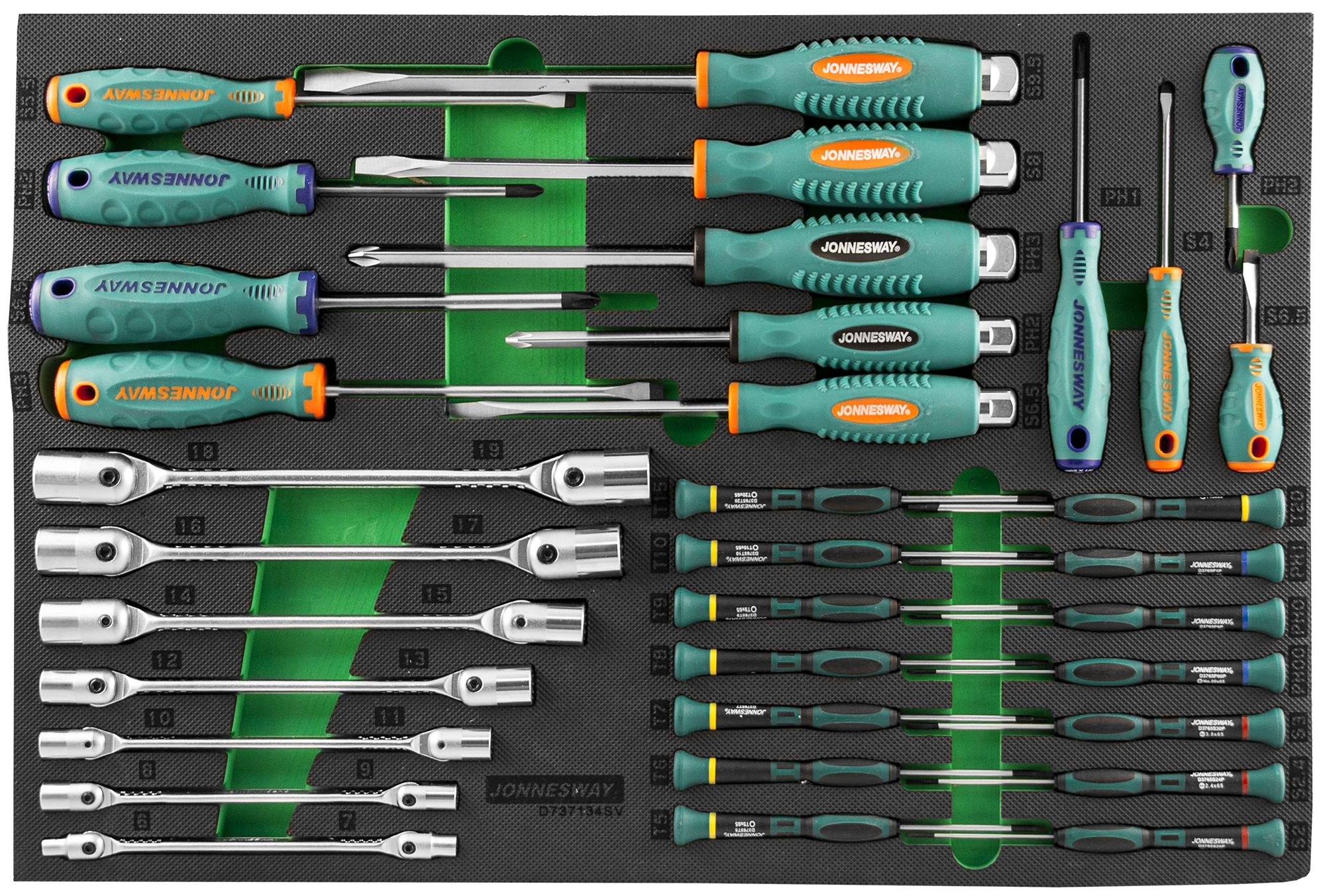 Набор отверток и торцевых шарнирных ключей 34 предмета в EVA ложементе Jonnesway D737134SV фото