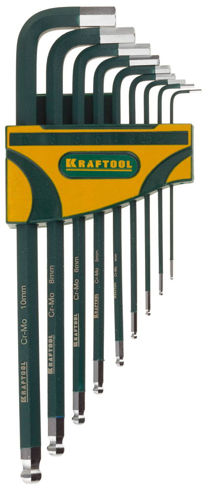 Набор удлиненных имбусовых ключей с шариком 9 предметов HEX 1.5-10 Kraftool INDUSTRIE 27445-H9 фото