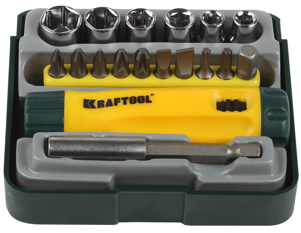 Отвертка реверсивная с битами и торцовыми головками 18 предметов Kraftool EXPERT 26143-H18 фото