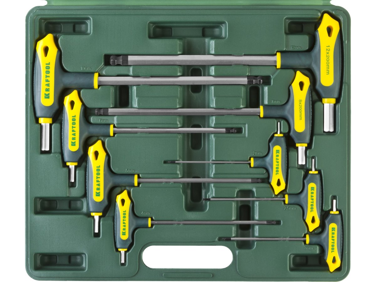 Набор Т-образных имбусовых ключей с шариком 9 предметов HEX 2-12 Kraftool INDUSTRIE 27454-H9 фото